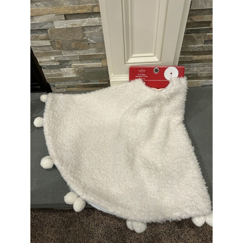 Ashland Christmas Tree Skirt White Pom Pom Trim Round 4 ft Fabric Holiday